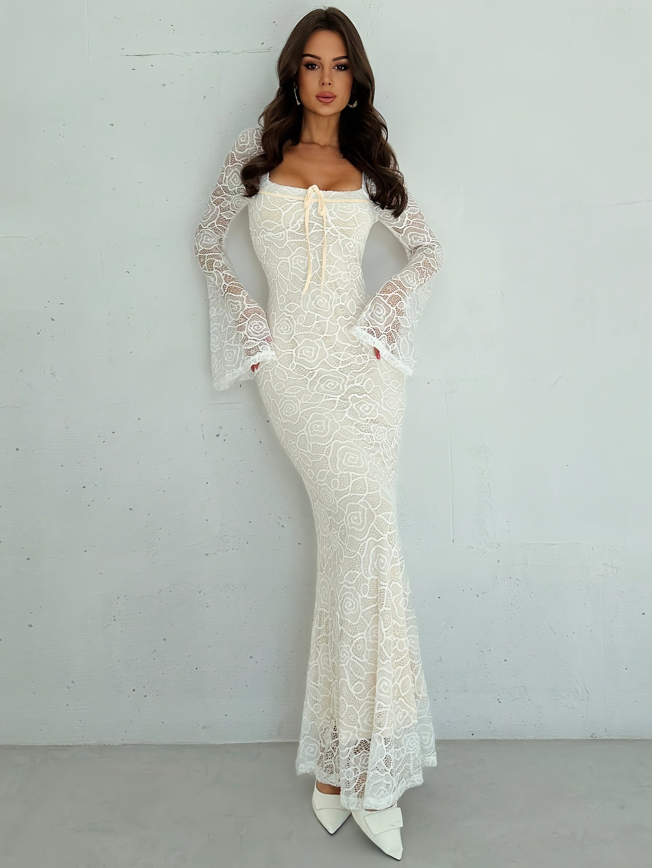 Elegant Long Semi-Transparent Dress with Square Neckline – Chic & Flowy Design