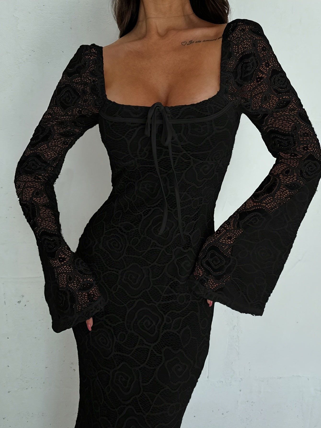 Elegant Long Semi-Transparent Dress with Square Neckline – Chic & Flowy Design