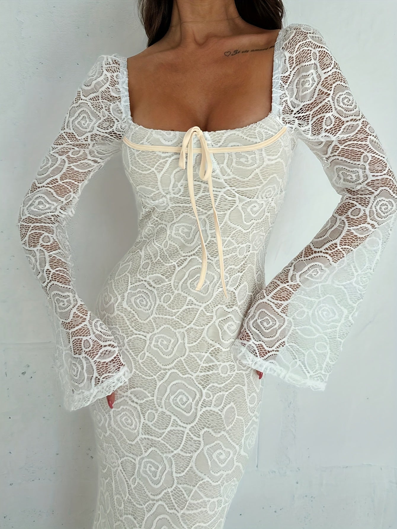 Elegant Long Semi-Transparent Dress with Square Neckline – Chic & Flowy Design