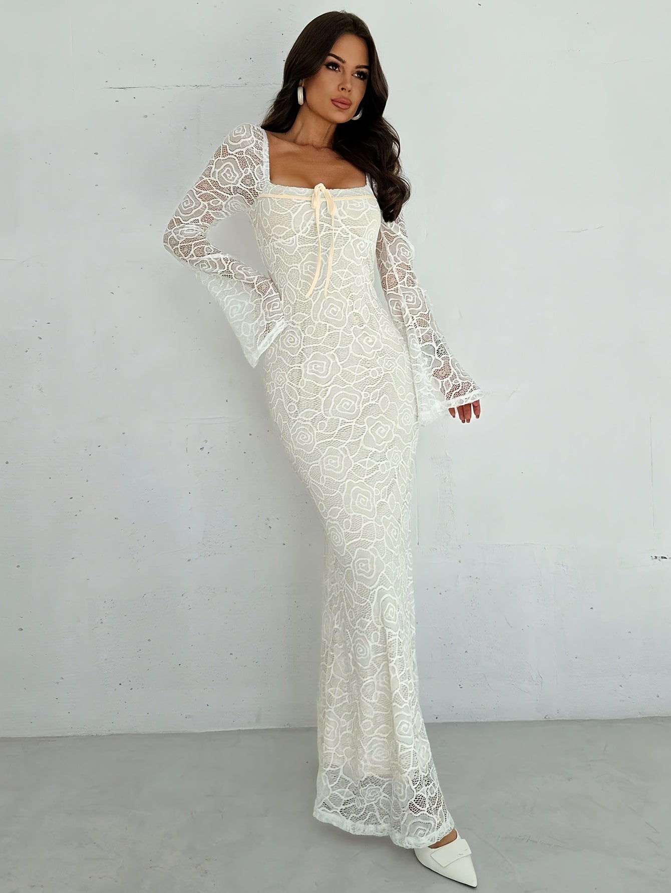 Elegant Long Semi-Transparent Dress with Square Neckline – Chic & Flowy Design