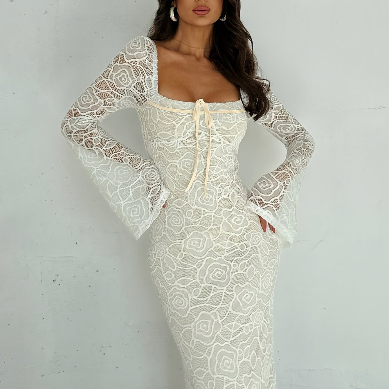 Elegant Long Semi-Transparent Dress with Square Neckline – Chic & Flowy Design