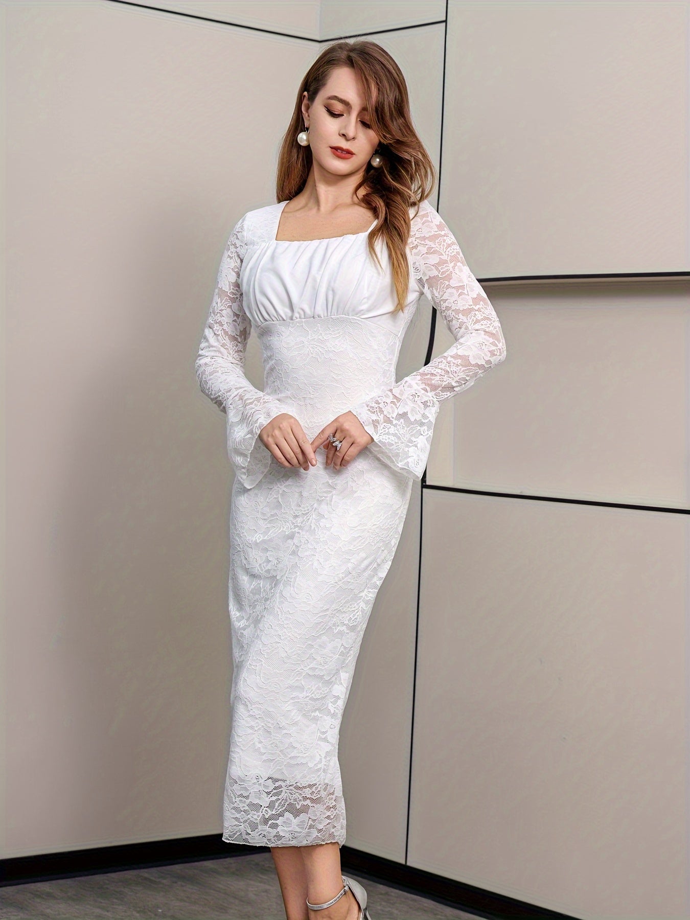 VougeVamp Elegant Lace-Trimmed Long Sleeve Bodycon Dress for Women - Square Neck Semi-Sheer Slit Hem Gown - VougeVampUK