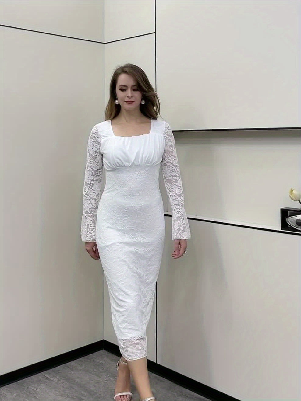 VougeVamp Elegant Lace-Trimmed Long Sleeve Bodycon Dress for Women - Square Neck Semi-Sheer Slit Hem Gown - VougeVampUK