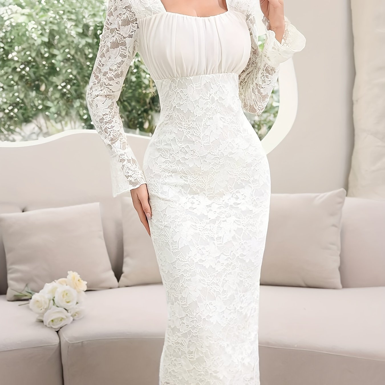 VougeVamp Elegant Lace-Trimmed Long Sleeve Bodycon Dress for Women - Square Neck Semi-Sheer Slit Hem Gown - VougeVampUK