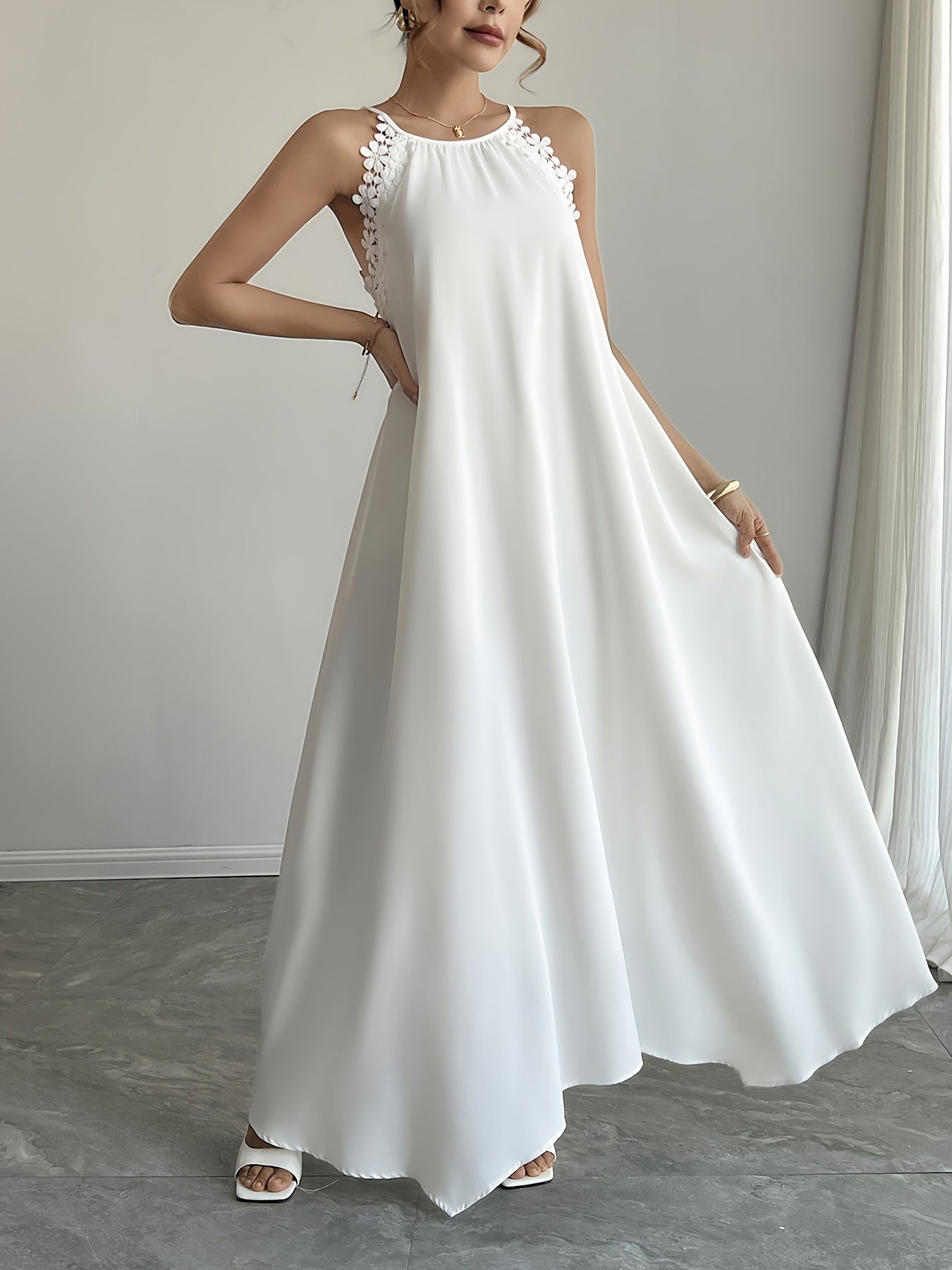 VougeVamp Open Back Floral Lace Splicing Sleeveless Dress – High-End Elegant Evening Wear