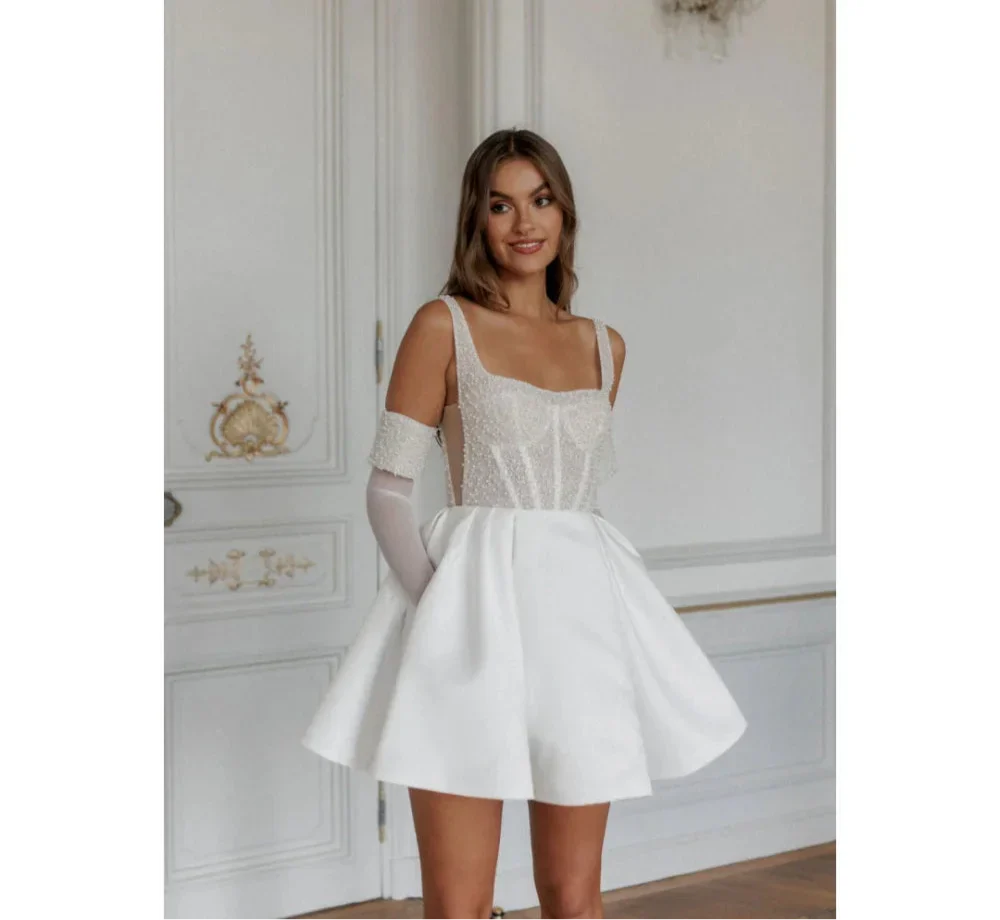 VougeVamp Customized White Spaghetti Strap Prom Dress - Satin Backless A-Line Evening Gown with Pearls and Gloves