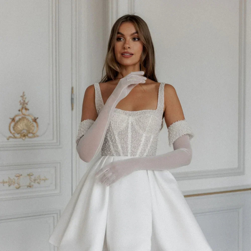 VougeVamp Customized White Spaghetti Strap Prom Dress - Satin Backless A-Line Evening Gown with Pearls and Gloves