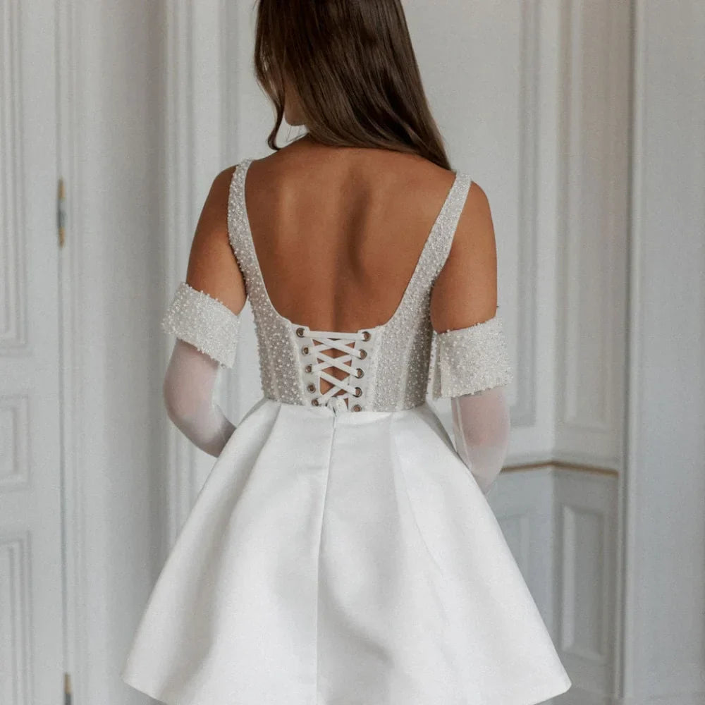 VougeVamp Customized White Spaghetti Strap Prom Dress - Satin Backless A-Line Evening Gown with Pearls and Gloves