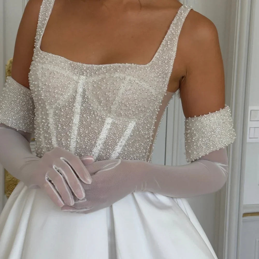 VougeVamp Customized White Spaghetti Strap Prom Dress - Satin Backless A-Line Evening Gown with Pearls and Gloves