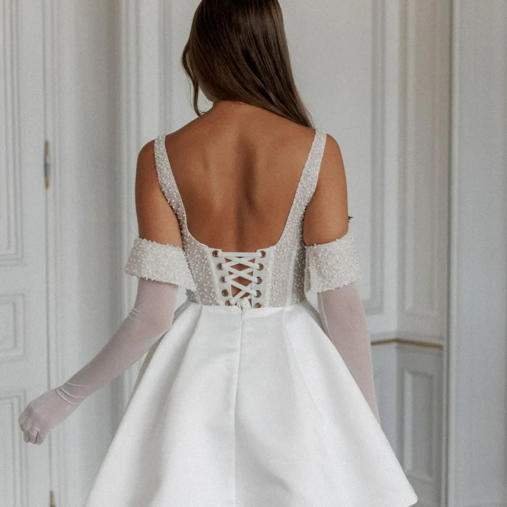 VougeVamp Customized White Spaghetti Strap Prom Dress - Satin Backless A-Line Evening Gown with Pearls and Gloves