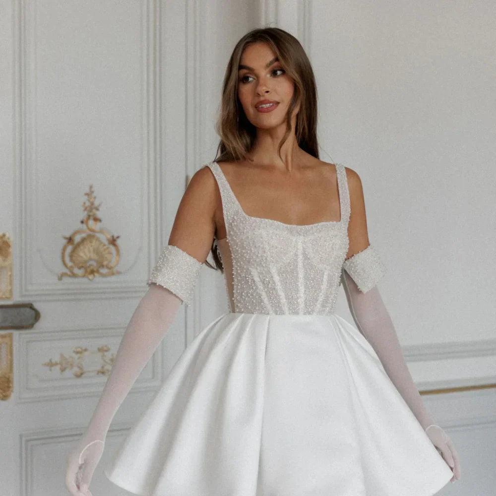 VougeVamp Customized White Spaghetti Strap Prom Dress - Satin Backless A-Line Evening Gown with Pearls and Gloves