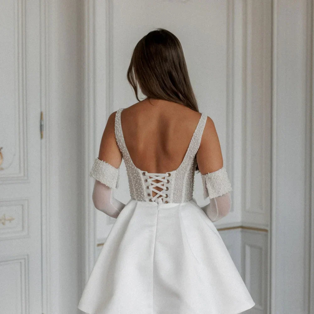 VougeVamp Customized White Spaghetti Strap Prom Dress - Satin Backless A-Line Evening Gown with Pearls and Gloves