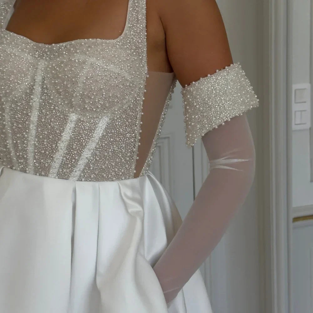 VougeVamp Customized White Spaghetti Strap Prom Dress - Satin Backless A-Line Evening Gown with Pearls and Gloves