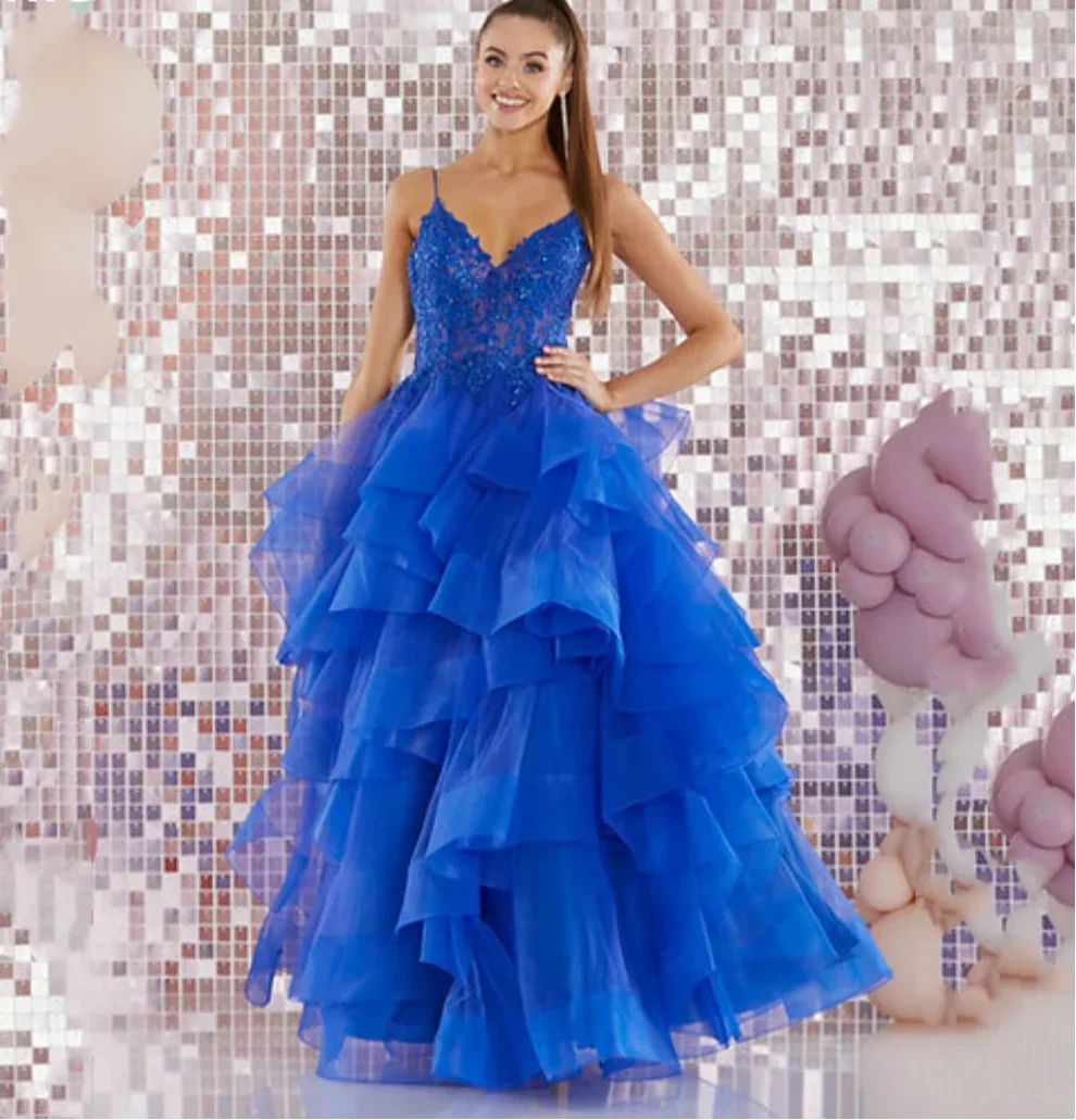 VougeVamp Blue Prom Dress with Glitter Embroidery - Multi-Layer Fluffy Tulle A-Line Gown