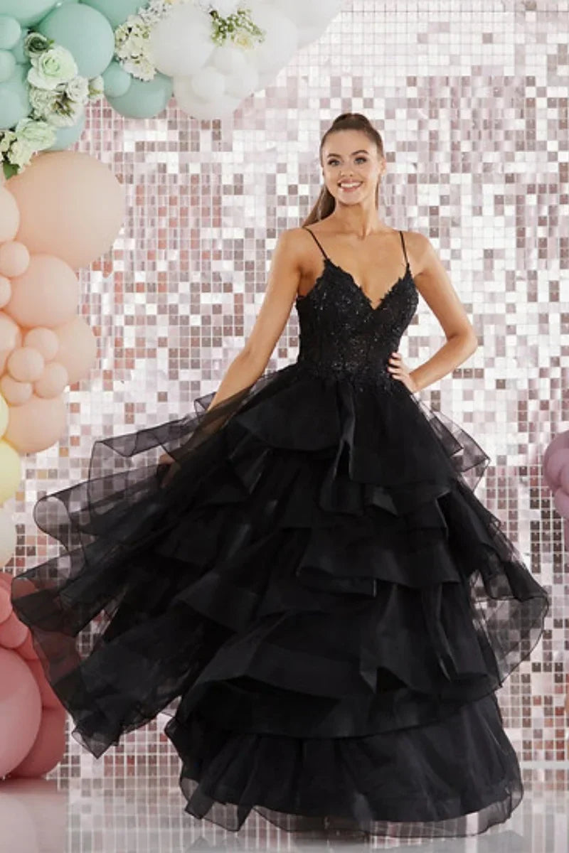 VougeVamp Blue Prom Dress with Glitter Embroidery - Multi-Layer Fluffy Tulle A-Line Gown