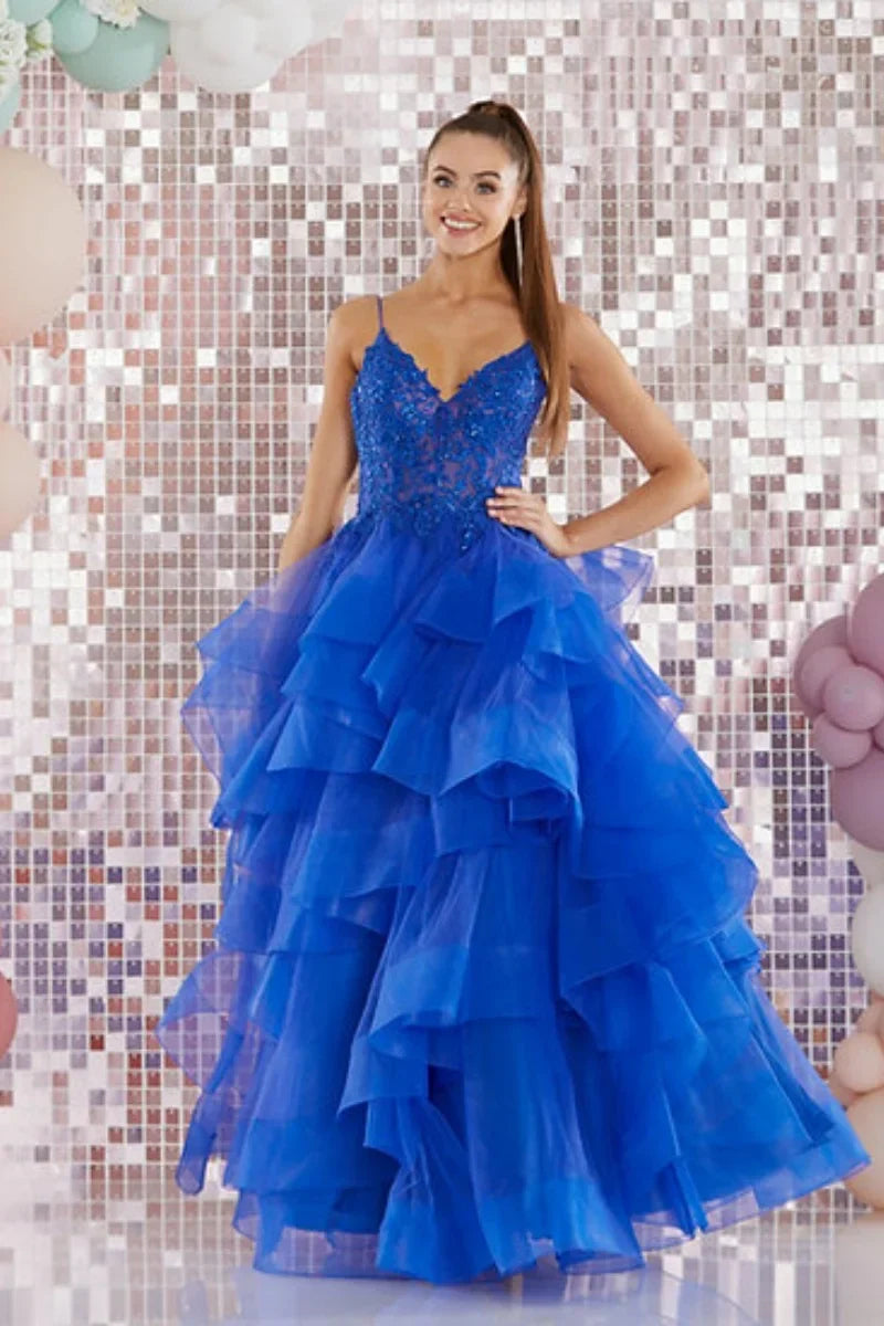 VougeVamp Blue Prom Dress with Glitter Embroidery - Multi-Layer Fluffy Tulle A-Line Gown