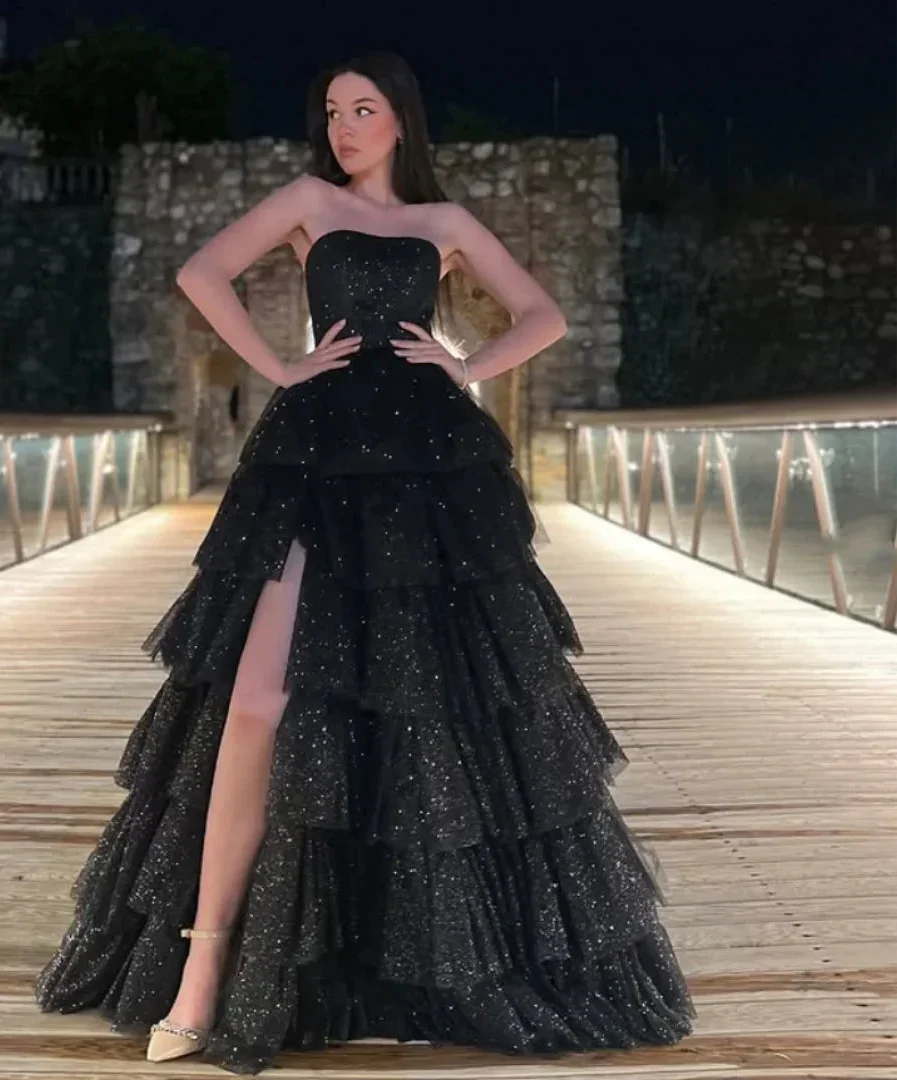 VougeVamp Black Prom Dress with Glitter Tulle - Off-Shoulder Multi-Layer A-Line Gown with Side Slit