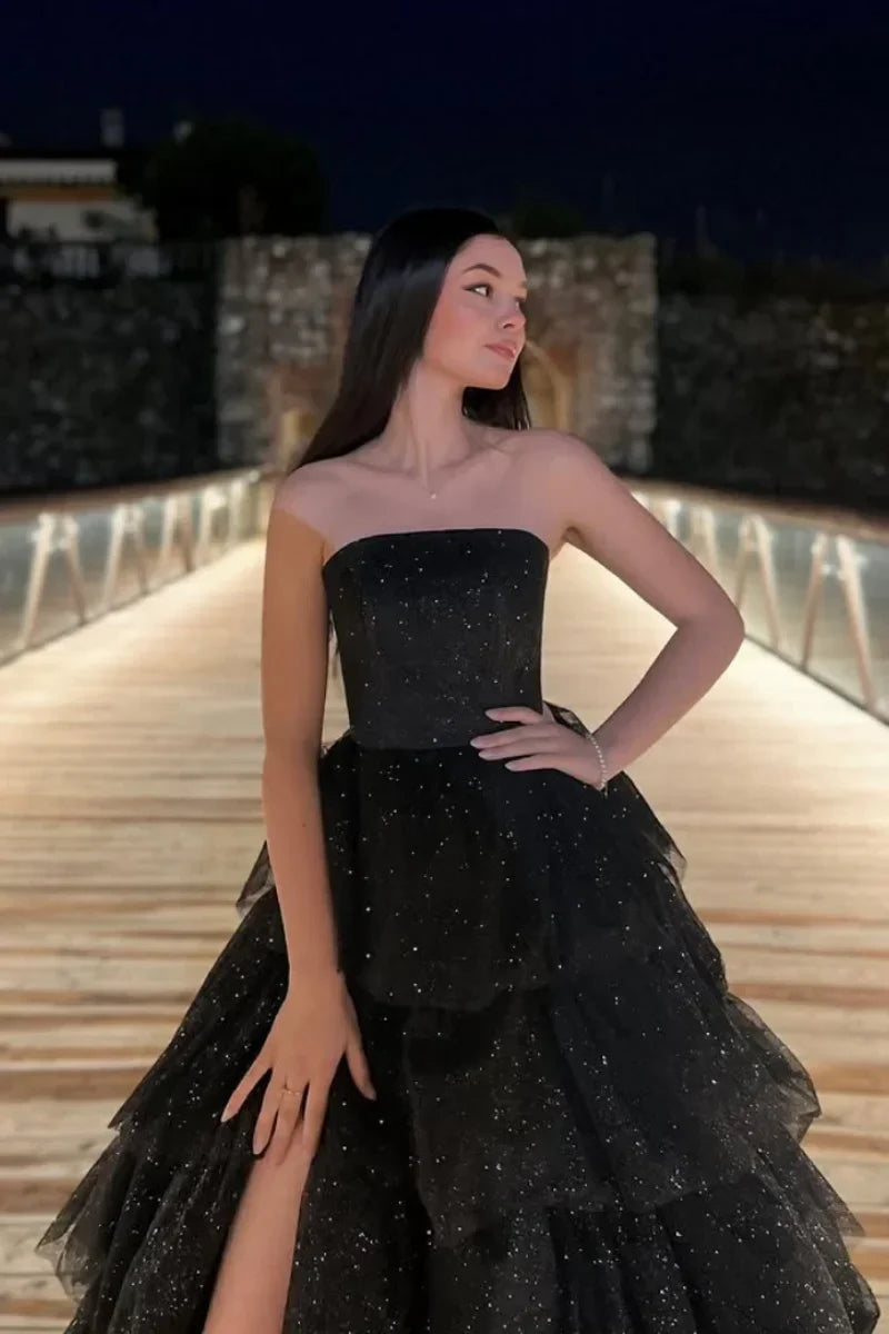 VougeVamp Black Prom Dress with Glitter Tulle - Off-Shoulder Multi-Layer A-Line Gown with Side Slit