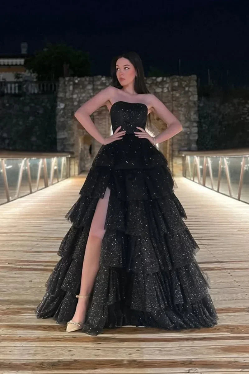 VougeVamp Black Prom Dress with Glitter Tulle - Off-Shoulder Multi-Layer A-Line Gown with Side Slit
