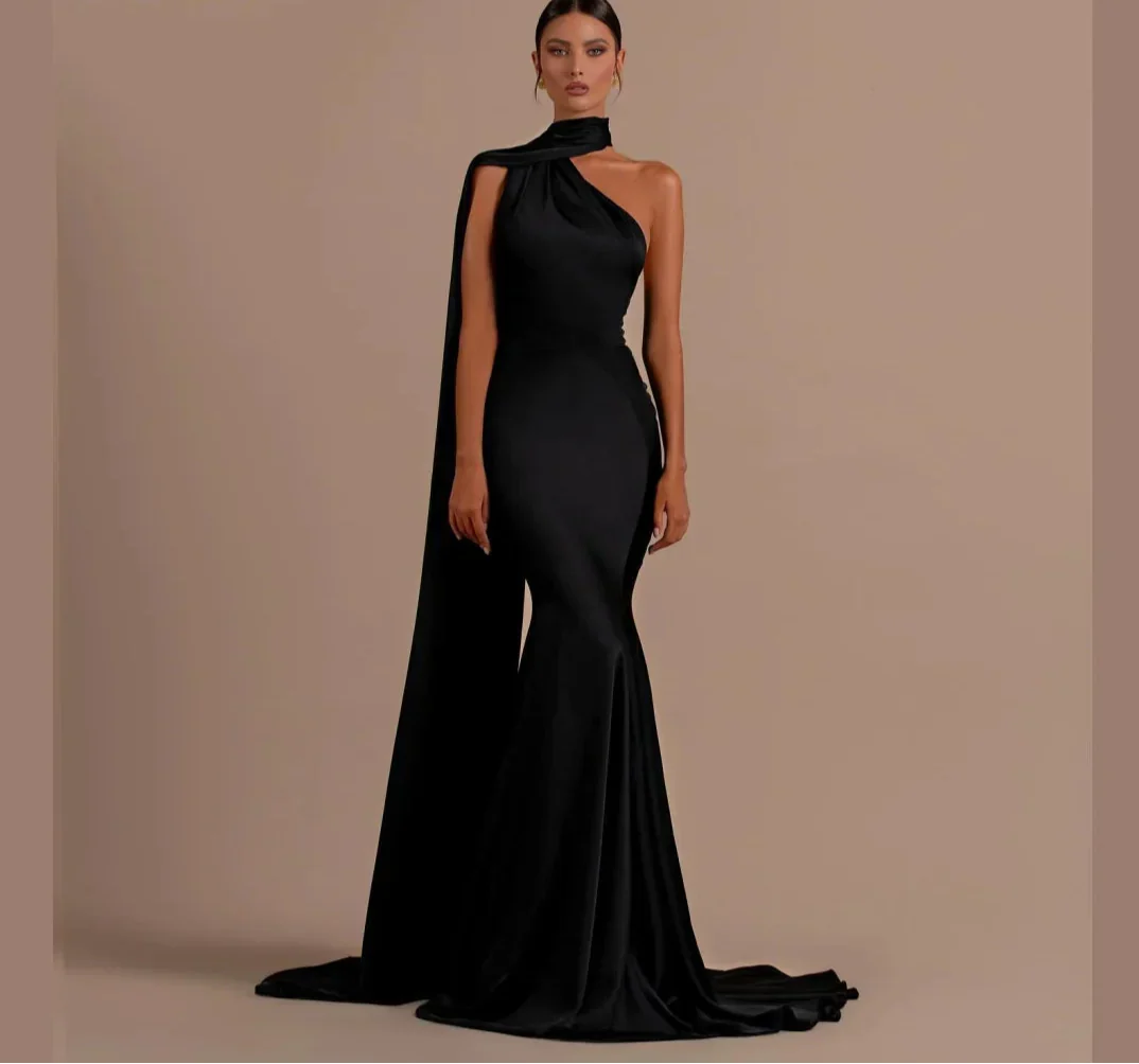 VougeVamp Black Mermaid Prom Dress - One-Shoulder Sleeveless Gown with Long Shawl and Sweep Train