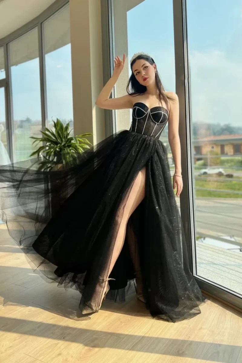 VougeVamp Black Prom Dress - Glitter Bead Off-Shoulder A-Line Fairy Gown with Side Slit