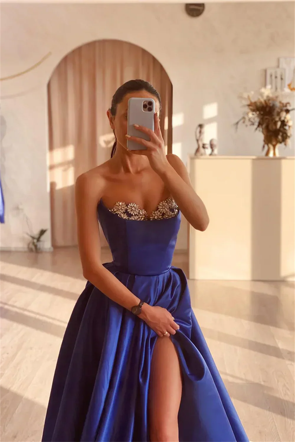 VougeVamp Dark Blue Prom Dress - Off-Shoulder Satin A-Line Gown with High Side Split