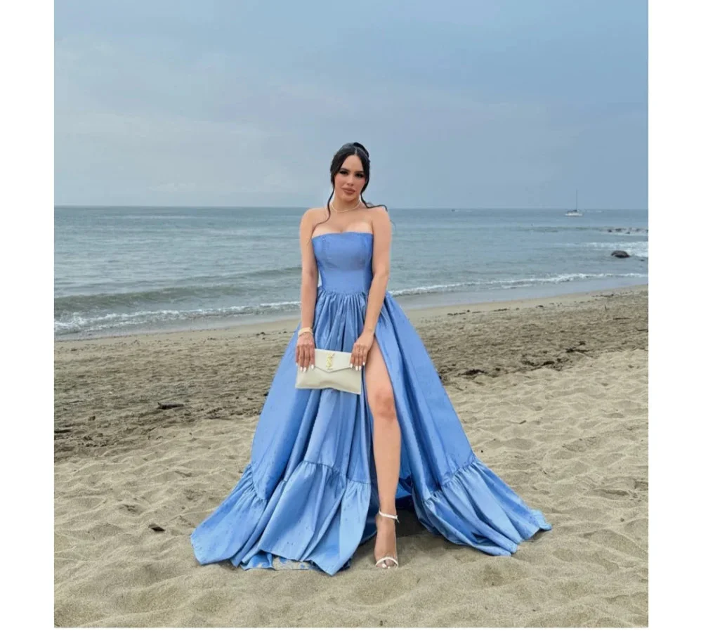 VougeVamp Customized Blue Taffeta Party Dress - Strapless A-Line Floor-Length Gown with Side Slit