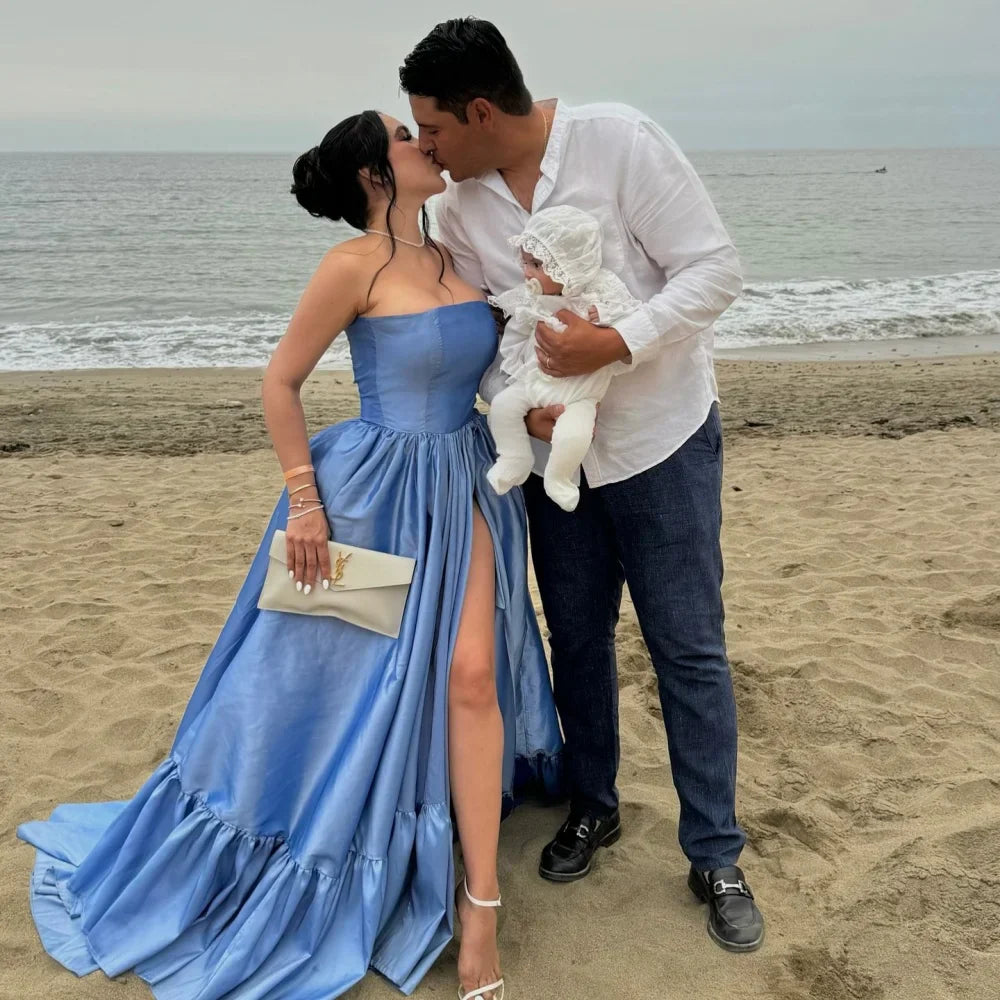 VougeVamp Customized Blue Taffeta Party Dress - Strapless A-Line Floor-Length Gown with Side Slit