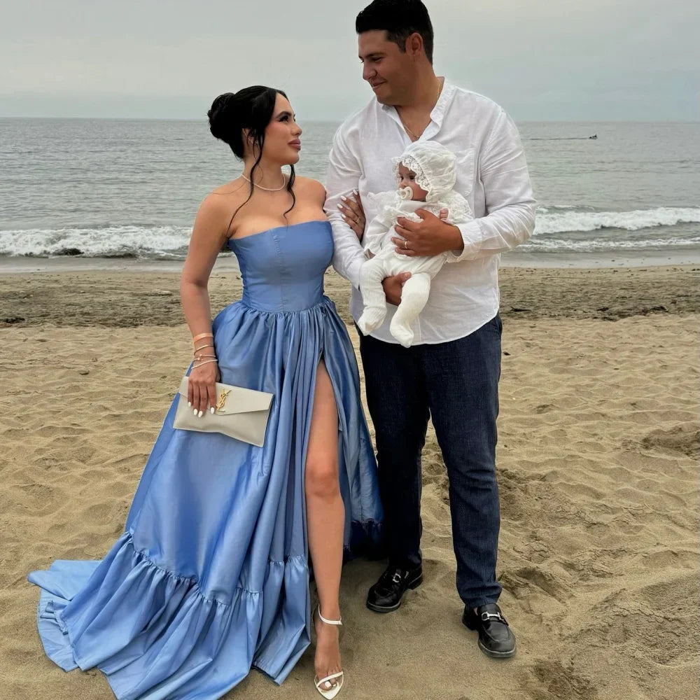 VougeVamp Customized Blue Taffeta Party Dress - Strapless A-Line Floor-Length Gown with Side Slit