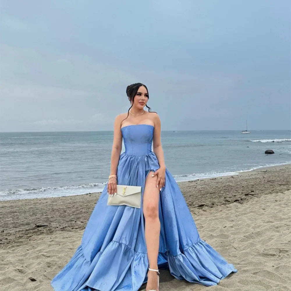 VougeVamp Customized Blue Taffeta Party Dress - Strapless A-Line Floor-Length Gown with Side Slit