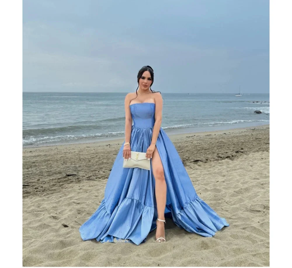 VougeVamp Customized Blue Taffeta Party Dress - Strapless A-Line Floor-Length Gown with Side Slit