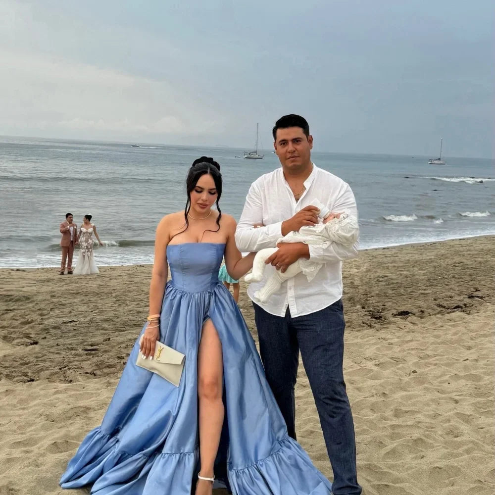 VougeVamp Customized Blue Taffeta Party Dress - Strapless A-Line Floor-Length Gown with Side Slit