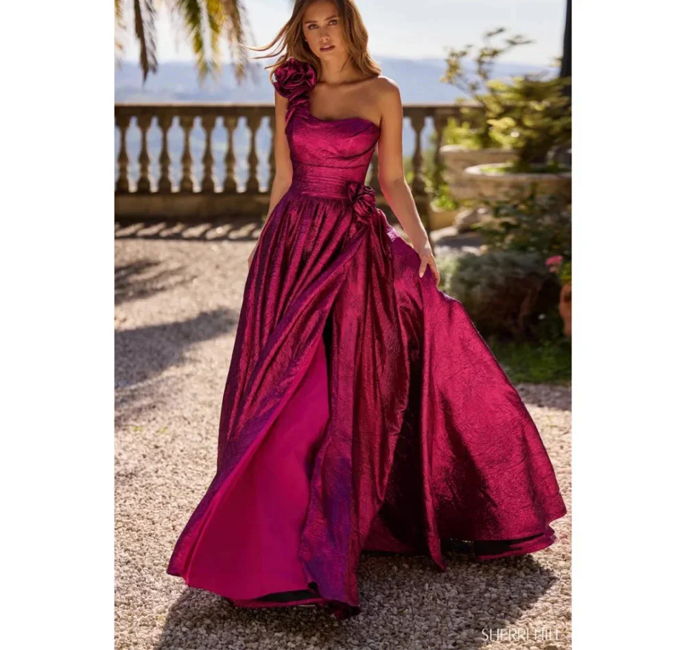 VougeVamp Customized Red 3D Flower Prom Dress - One-Shoulder Sleeveless A-Line Floor-Length Gown