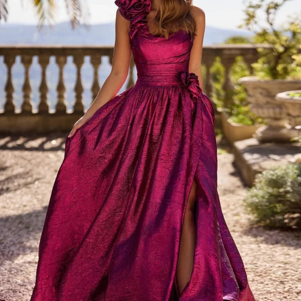 VougeVamp Customized Red 3D Flower Prom Dress - One-Shoulder Sleeveless A-Line Floor-Length Gown