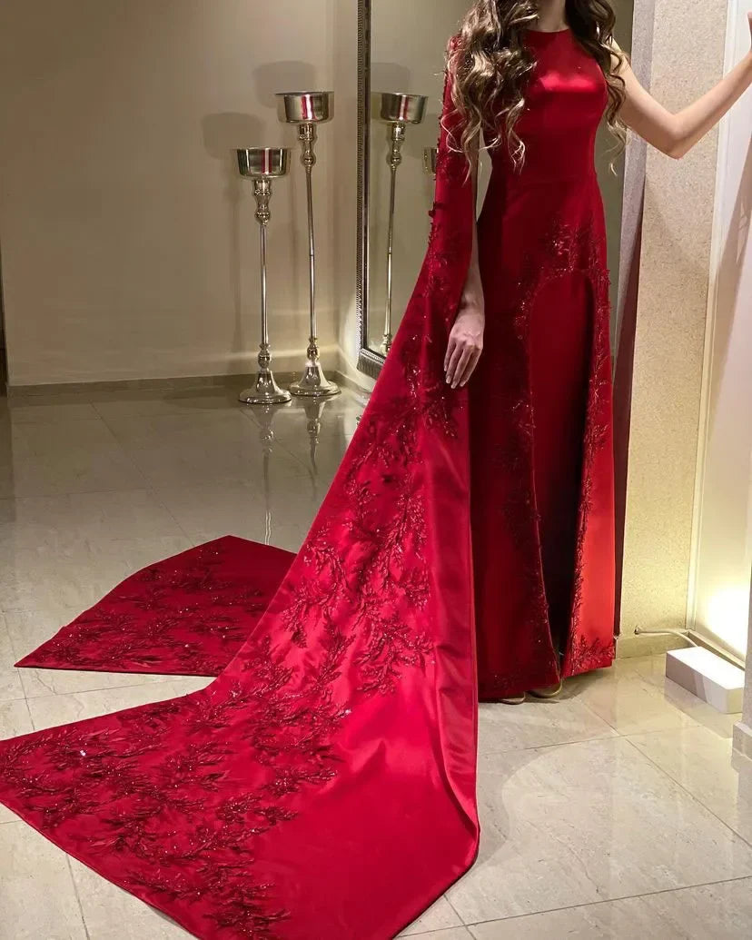 VougeVamp Red Prom Dress - Long Sleeve A-Line Evening Gown with Side Slit, Beads, and Sequins