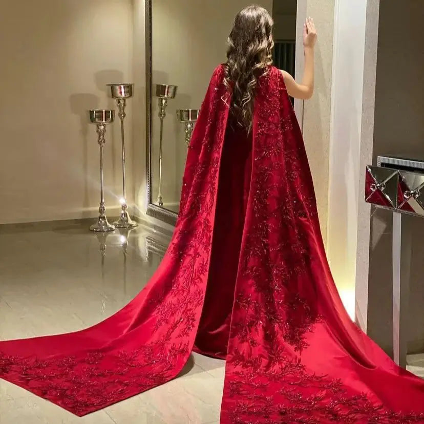 VougeVamp Red Prom Dress - Long Sleeve A-Line Evening Gown with Side Slit, Beads, and Sequins