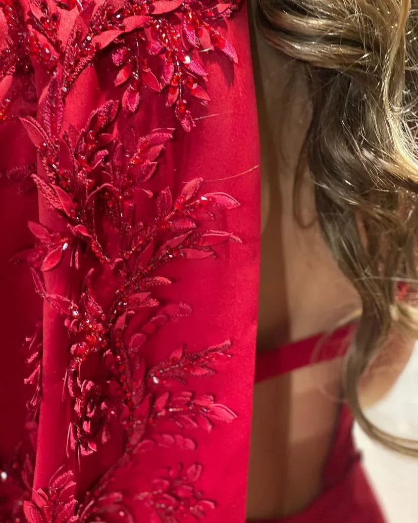 VougeVamp Red Prom Dress - Long Sleeve A-Line Evening Gown with Side Slit, Beads, and Sequins