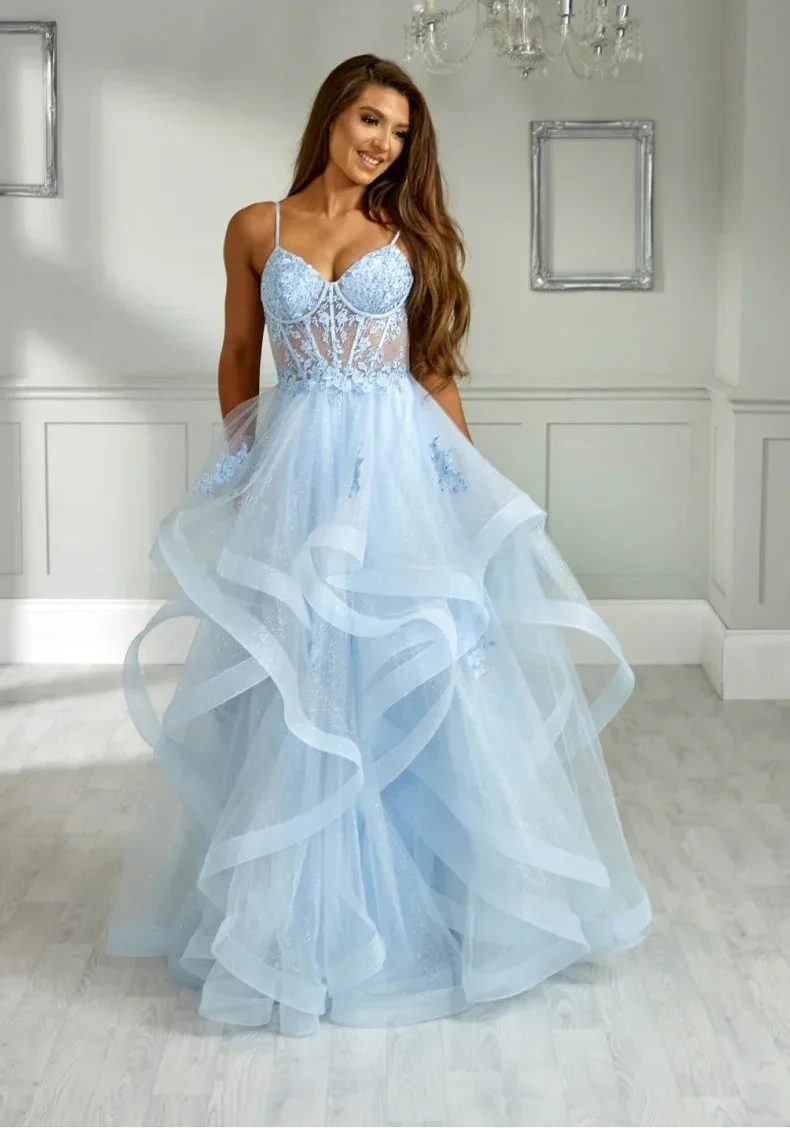 VougeVamp Sky Blue Prom Dress - Glitter Embroidery Multi-Layer Tulle A-Line Prom Gown