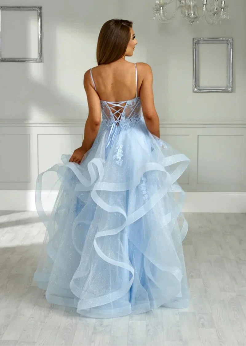 VougeVamp Sky Blue Prom Dress - Glitter Embroidery Multi-Layer Tulle A-Line Prom Gown