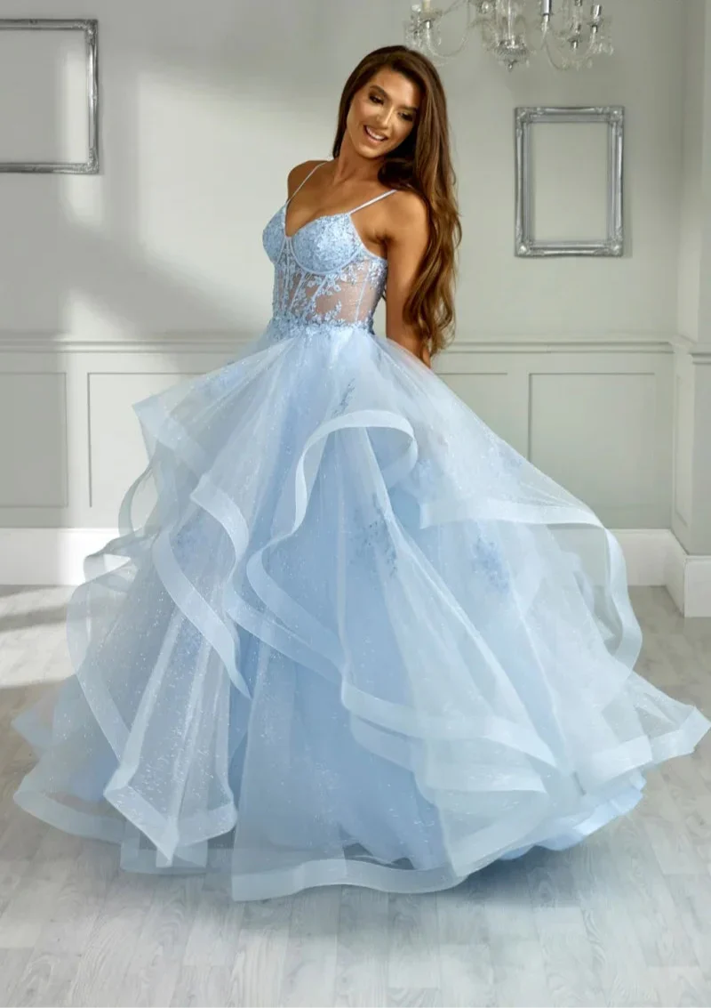 VougeVamp Sky Blue Prom Dress - Glitter Embroidery Multi-Layer Tulle A-Line Prom Gown