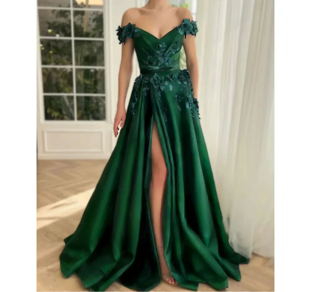 VougeVamp Green Satin Prom Gown - Off-the-Shoulder A-Line Floor-Length Evening Dress with Side Split