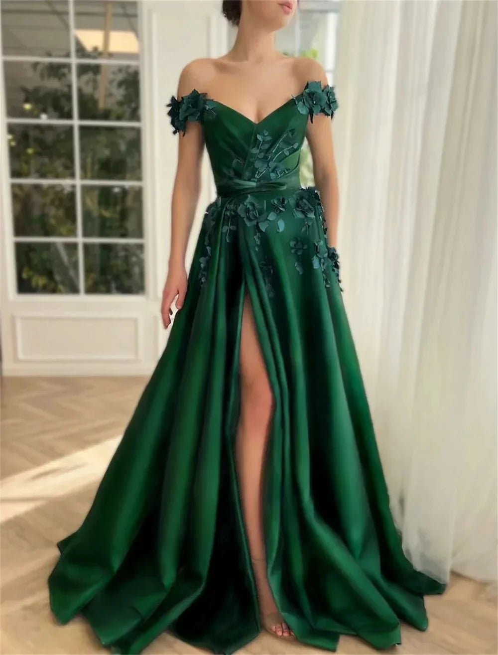 VougeVamp Green Satin Prom Gown - Off-the-Shoulder A-Line Floor-Length Evening Dress with Side Split