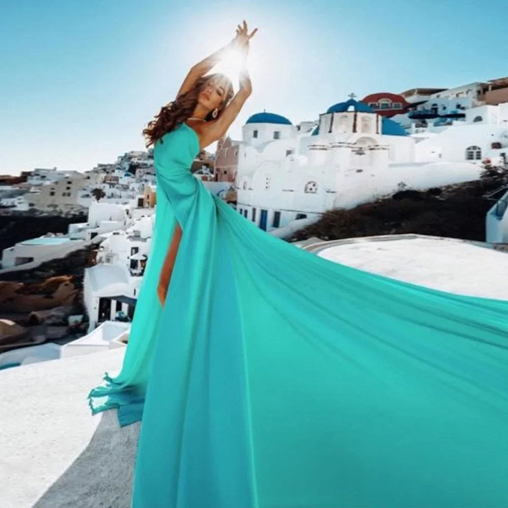 VougeVamp Float Long Train Prom Gown - One-Shoulder A-Line Evening Dress with High Split and Deep V-Neck