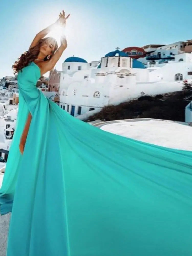 VougeVamp Float Long Train Prom Gown - One-Shoulder A-Line Evening Dress with High Split and Deep V-Neck