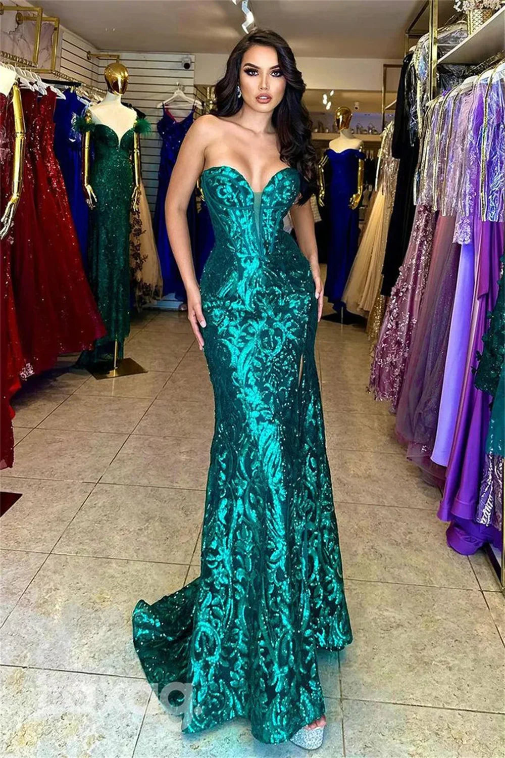 VougeVamp Green Glitter Prom Gown - Strapless Mermaid Evening Dress with Side Split