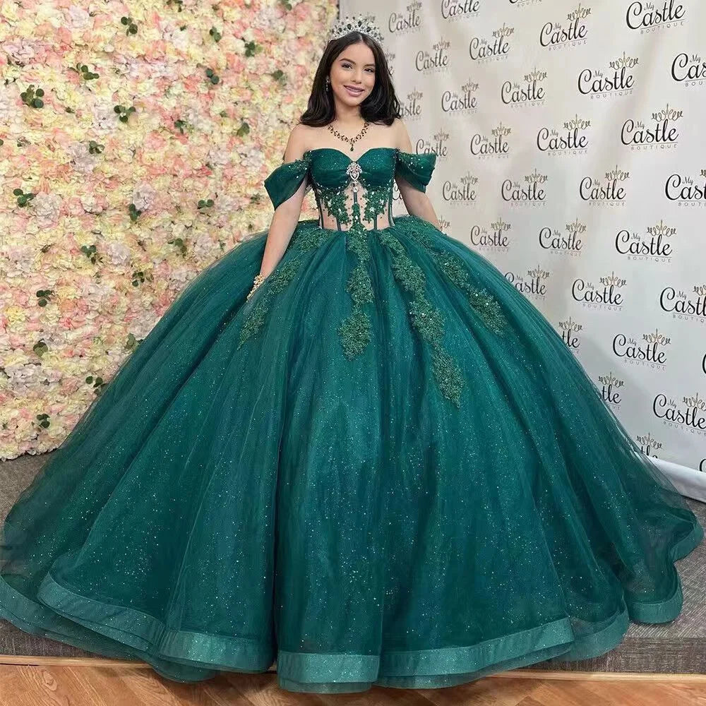 VougeVamp Princess Ball Gown Party Dress - Off-Shoulder Green A-Line Floor-Length Organza Gown