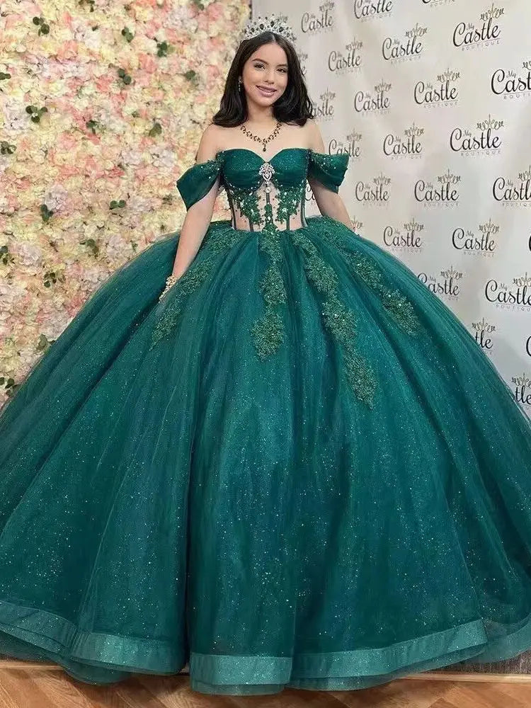 VougeVamp Princess Ball Gown Party Dress - Off-Shoulder Green A-Line Floor-Length Organza Gown
