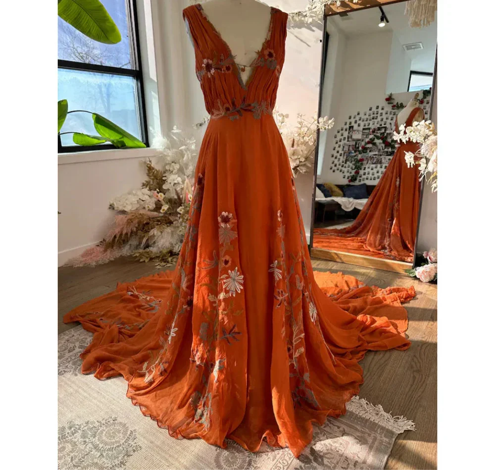 VougeVamp BOHO Orange Chiffon Evening Dress - Sleeveless V-Neck Long Train A-Line Party Gown