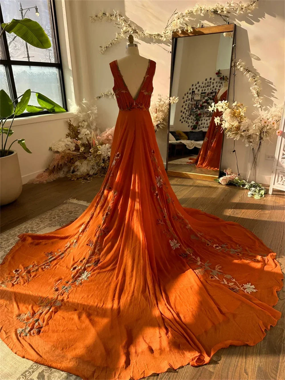 VougeVamp BOHO Orange Chiffon Evening Dress - Sleeveless V-Neck Long Train A-Line Party Gown