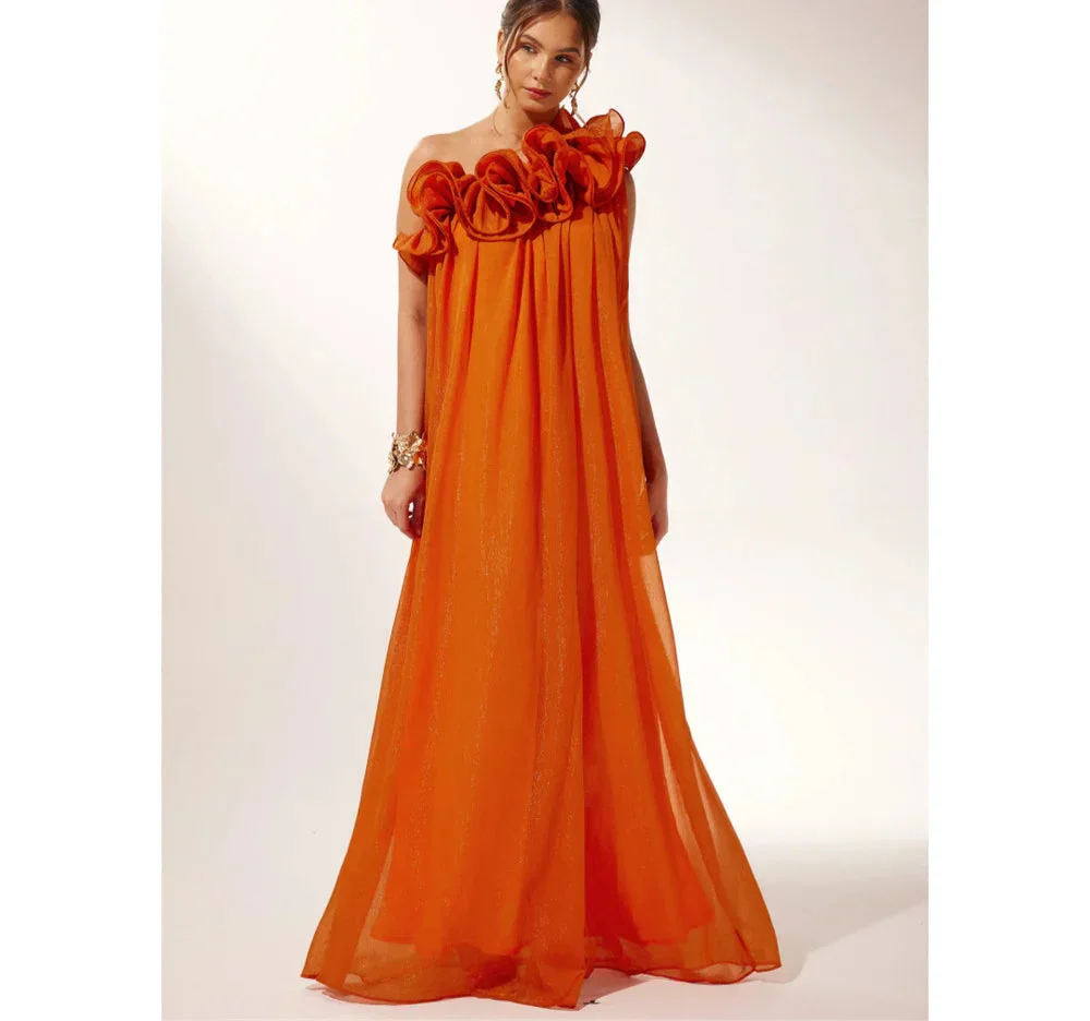 VougeVamp Chiffon Floral Draped Evening Dress - One-Shoulder A-Line Floor-Length Gown